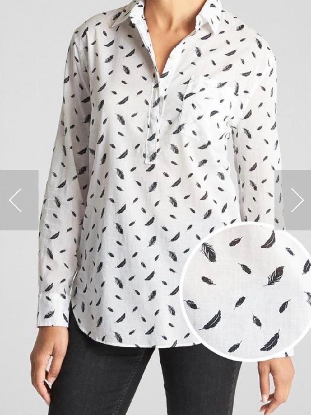 GAP White Button-Front Boyfriend Fit Blouse with Black Feather Print XL